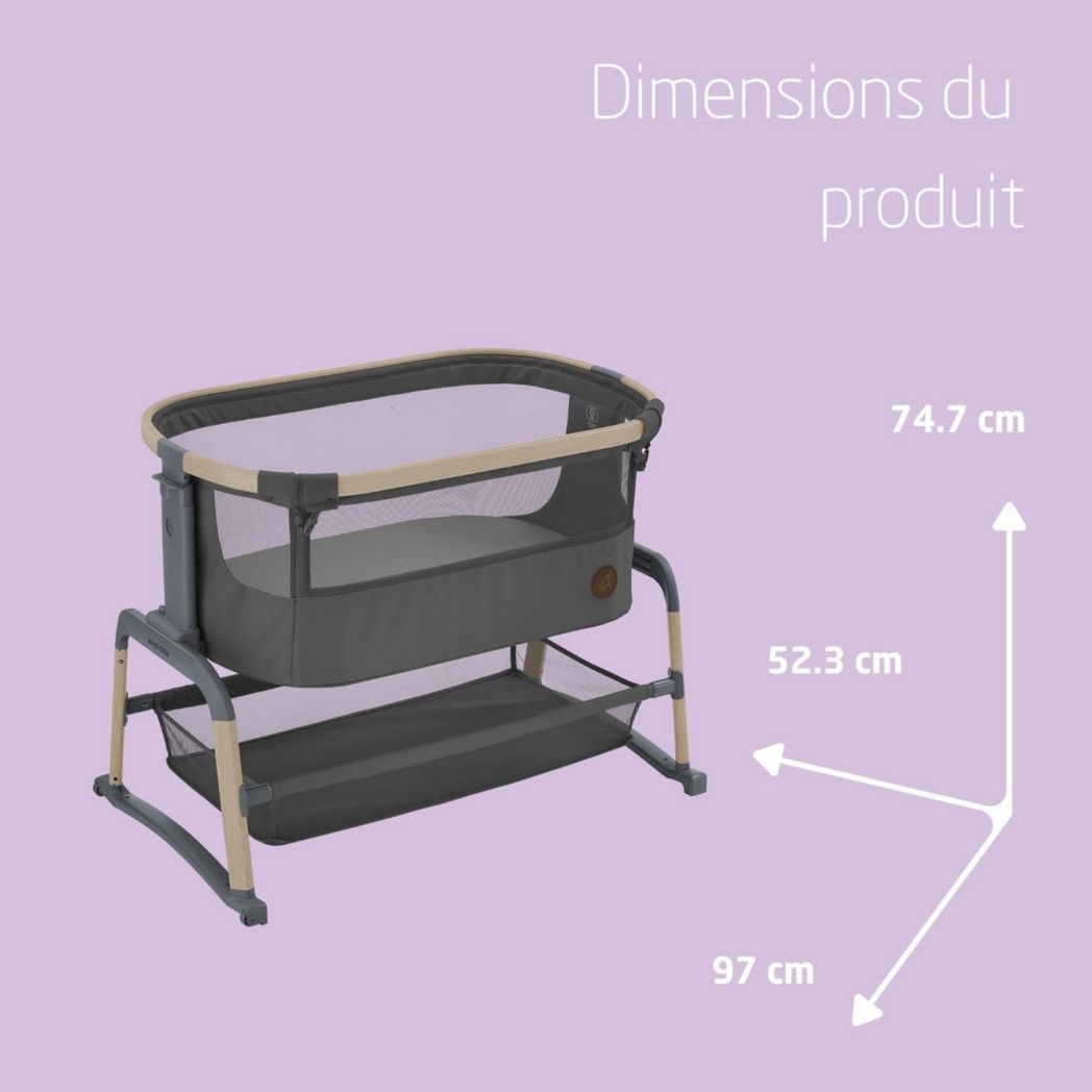 Lit cododo Maxi-Cosi Iora, lit cododo pliable pour bébé, 0-6 mois, 9 kg max, 4 positions d'inclinaison et 5 hauteurs, système coulissant, matelas confort, grand panier, facile à transporter, Essential Graphite