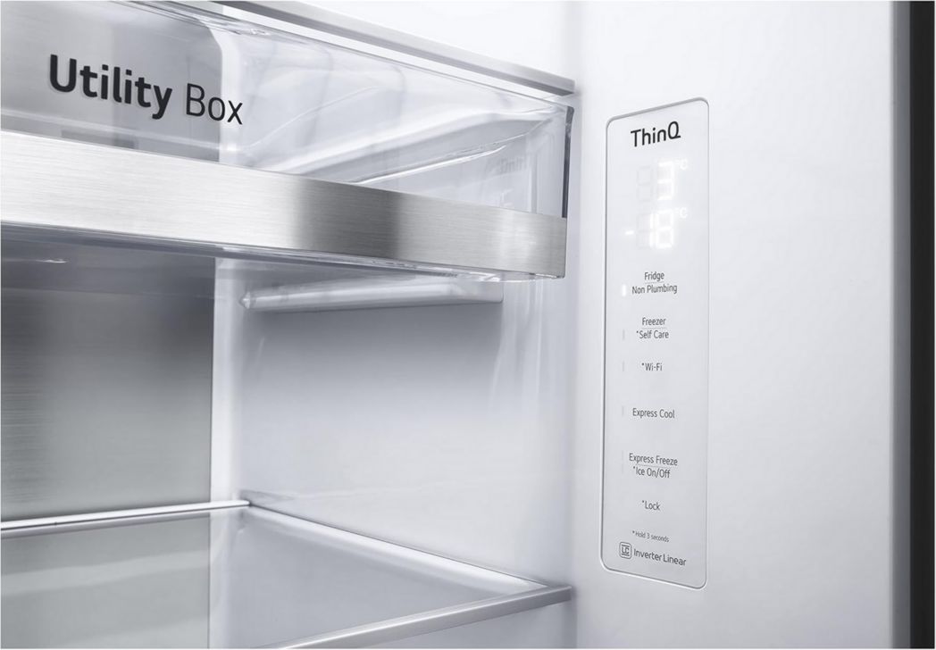 Réfrigérateur combiné LG GSXV91MCAF - Côte à côte, 635 L, InstaView, Total No-Frost, compartiment congélateur, distributeur d'eau et de glaçons UVnano, compresseur à onduleur linéaire, Wi-Fi, noir, classe F