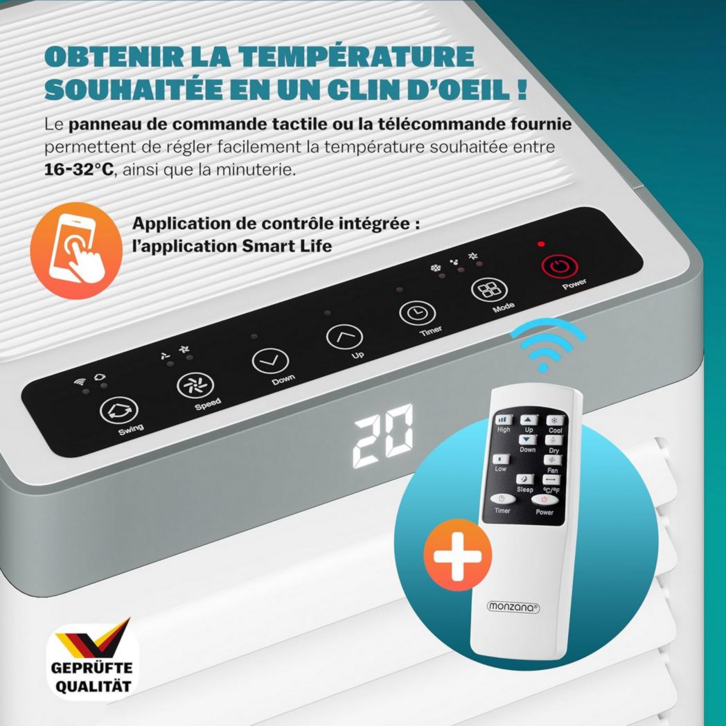 Climatiseur portable 4 en 1 Monzana® MZKA1000, refroidisseur d'air, 9 000 BTU/h, déshumidificateur, ventilateur, application Wi-Fi Alexa