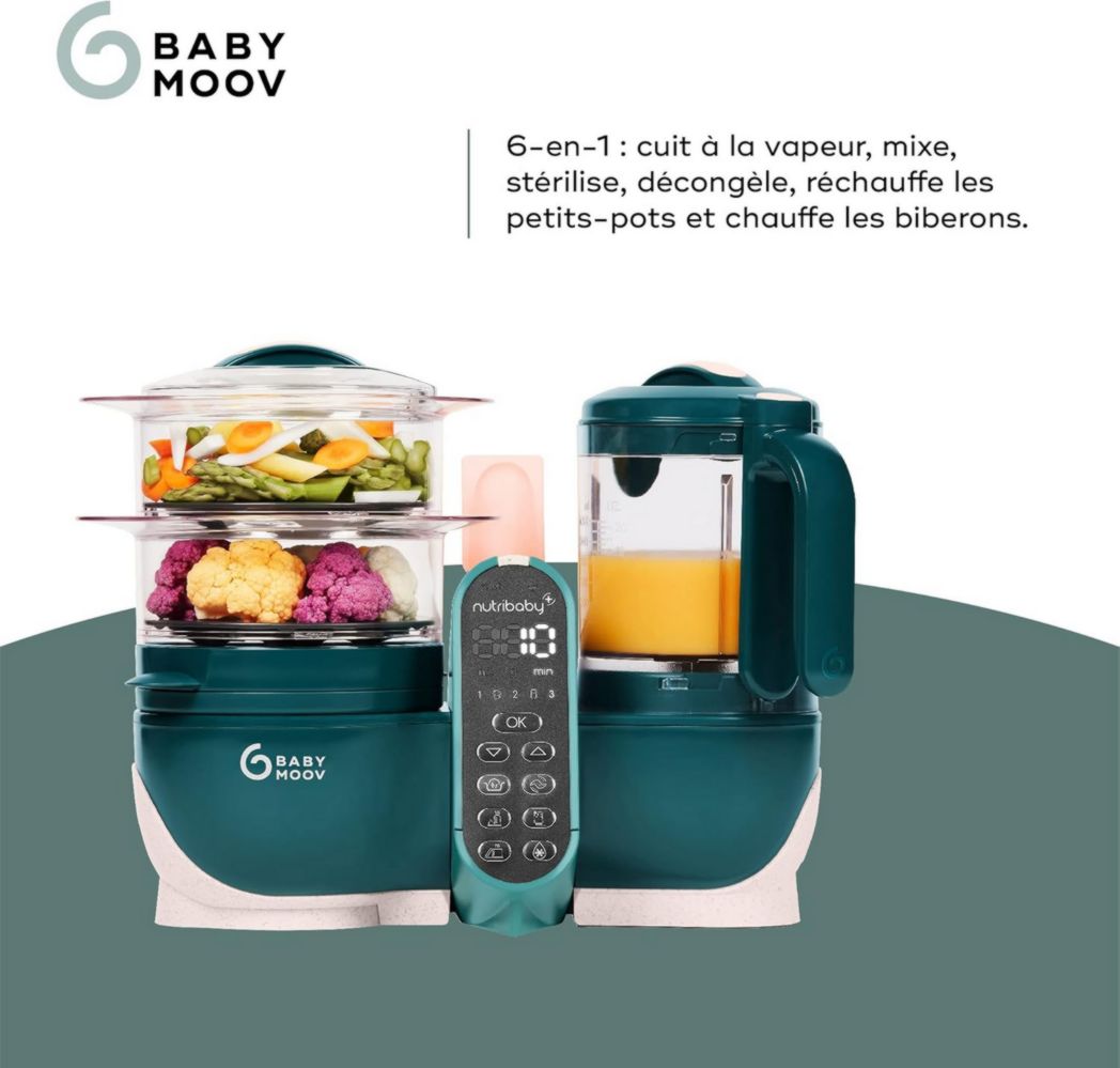 Babymoov Nutribaby(+), Robot cuiseur multifonction 6 en 1 pour bébé, cuiseur vapeur, grande capacité 2,2 L, petits pots maison, idéal pour diversifier les repas, vert opale