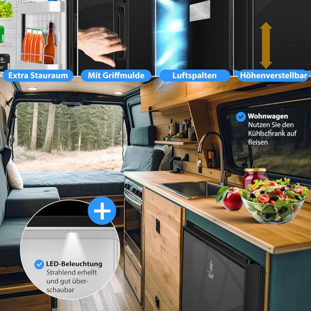 Mini-réfrigérateur KESSER® avec serrure, mini-bar 40 l, silencieux, 22 dB, verrouillable, chambre, butée de porte amovible, environ 4 à 16 °C, hauteur 57 cm, éclairage intérieur