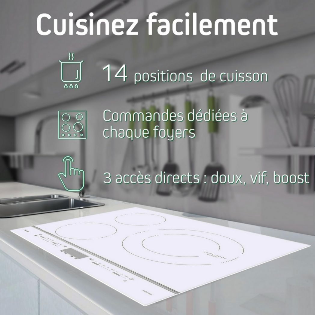 Sauter - SPI4360W - Plaque à induction - Encastrable - Blanc - 3 feux - 7200 W - Dimensions d'encastrement : 56 x 49 cm - Grand foyer 28 cm et 14 positions de cuisson - Fabriqué en France