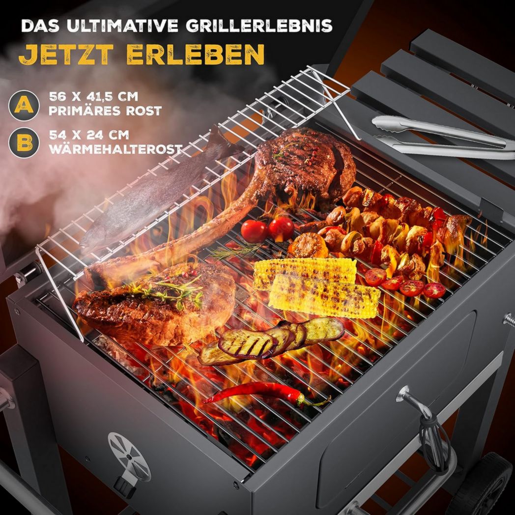 Chariot barbecue KESSER® | Barbecue à charbon XL avec couvercle, roulettes, poignée en acier inoxydable, grille et thermomètre | Grand barbecue à charbon