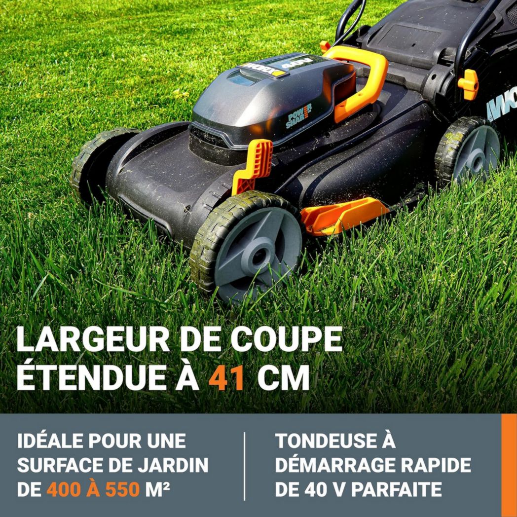 Tondeuse à gazon sans fil WORX 40 V (2 x 20 V) Max 40 cm WG734E Idéale pour un jardin jusqu'à 500 m², Powershare, 4 Ah, technologie IntelliCut Hauteur de coupe 20-80 mm