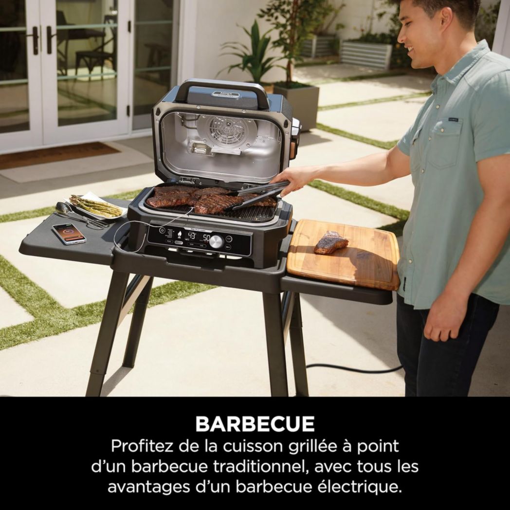 Barbecue et fumoir électrique Ninja Woodfire Pro XL avec thermomètre, barbecue d'extérieur 4 en 1 et friteuse à air avec système de cuisson intelligent et granulés de bois, portable, gris/noir, OG850EU