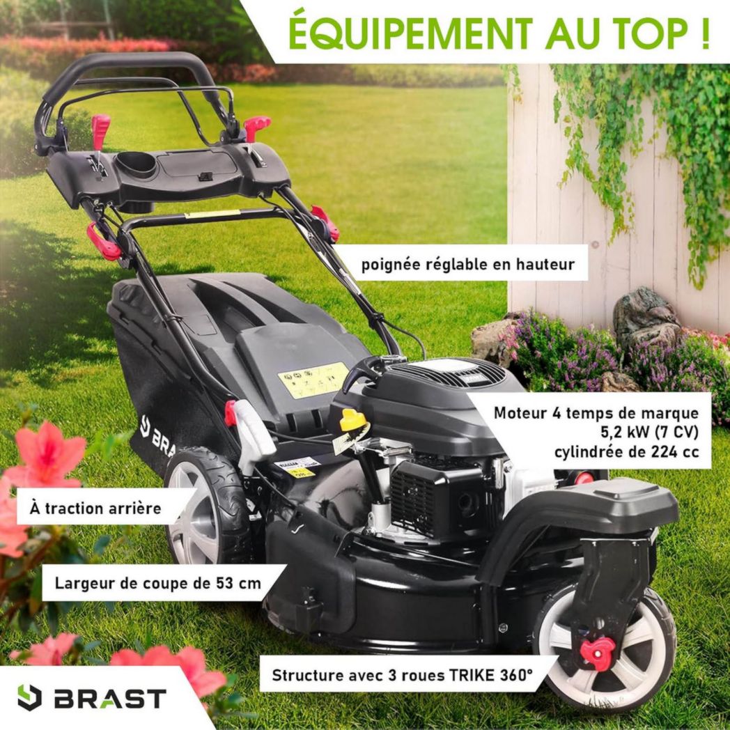 Tondeuse thermique 3 roues BRAST TRIKE E-START 224cc 53cm autotractée démarrage électrique mulching 4en1 capot tôle acier 60l - moteur 4 temps de la marque française GT réglable