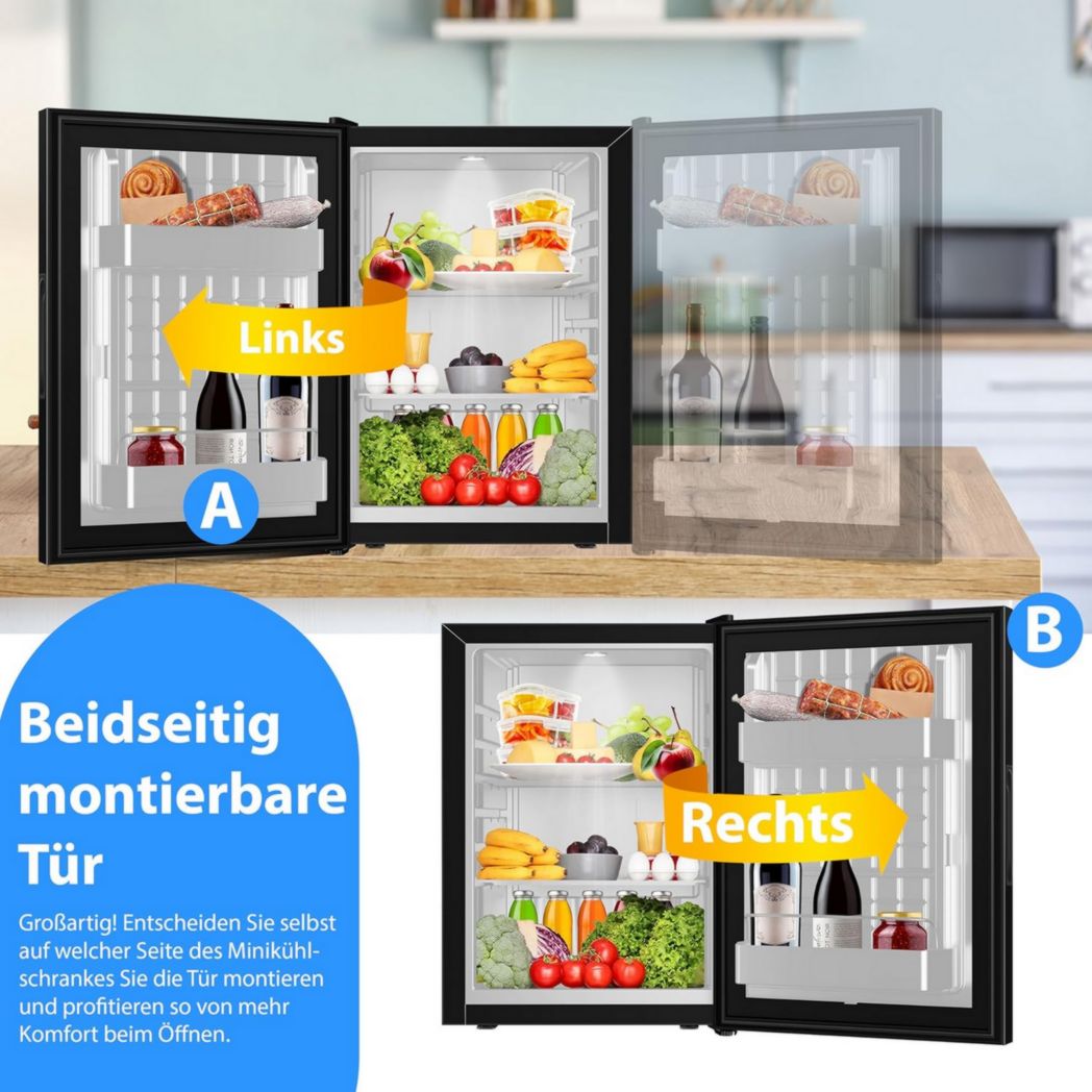 Mini-réfrigérateur KESSER® avec serrure, mini-bar 40 l, silencieux, 22 dB, verrouillable, chambre, butée de porte amovible, environ 4 à 16 °C, hauteur 57 cm, éclairage intérieur