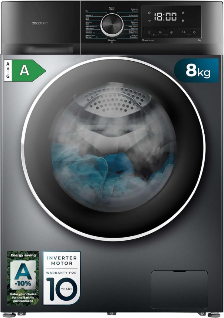 Cecotec Bolero Dresscode 10500 Inverter Steel A. Lave-linge 10 kg Acier, 1400 tr/min, moteur Inverter Plus, Vapeur, Classe A.