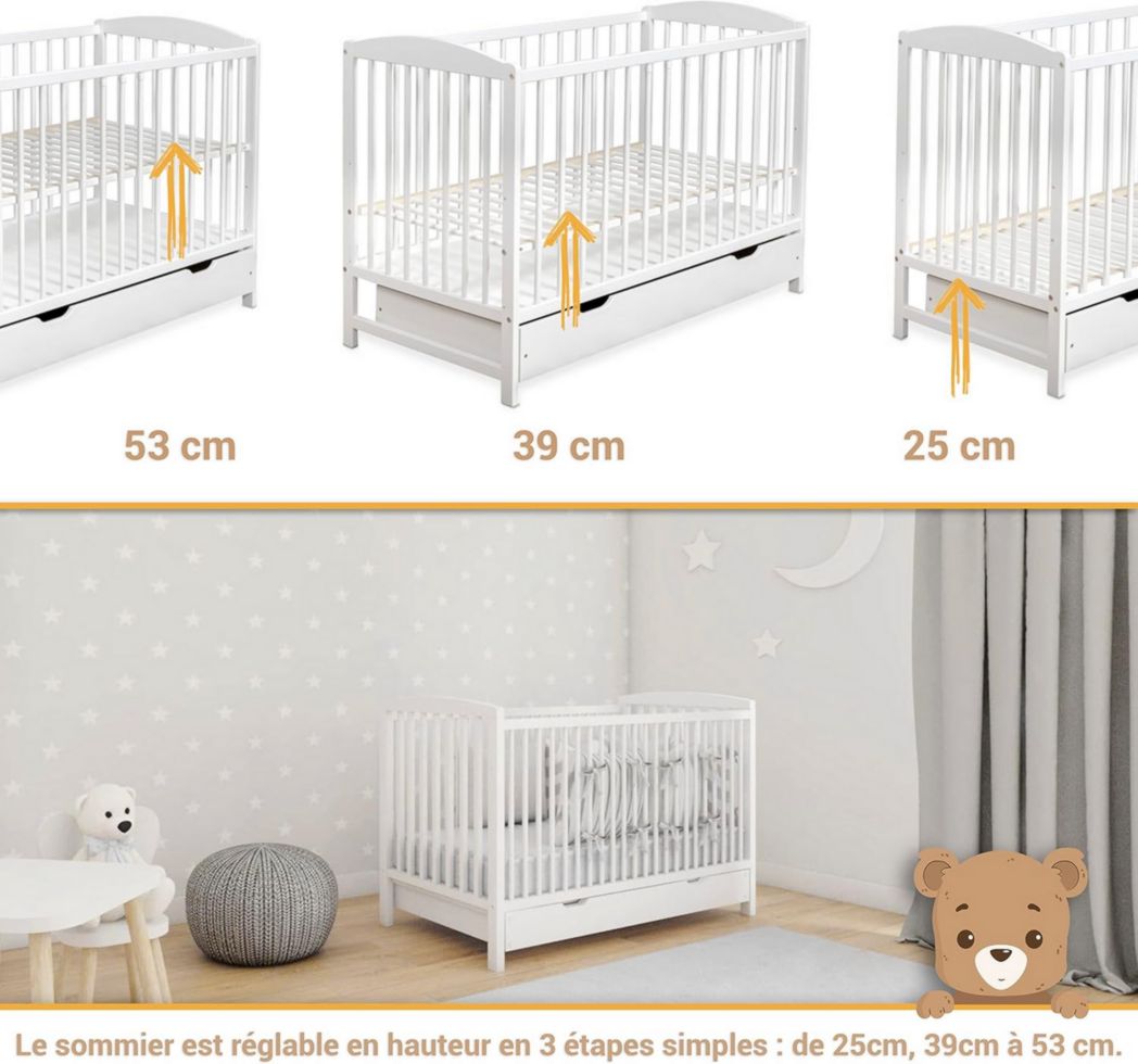 Lit bébé moto-MOLTICO 60x120 cm avec tiroir – Lit en bois réglable en hauteur, transformable en lit enfant avec barrières de sécurité – Lit bébé pour filles et garçons