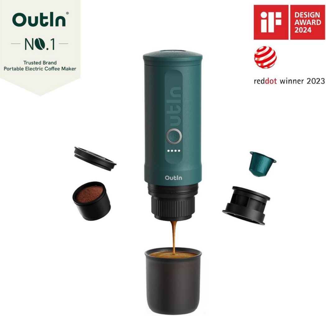 OutIn Nano Mini Machine à expresso portable à piles avec auto-chauffage en 3-4 minutes, petite cafetière de voiture 20 bars 12 V 24 V avec étui de transport, capsules NS (bleu sarcelle)