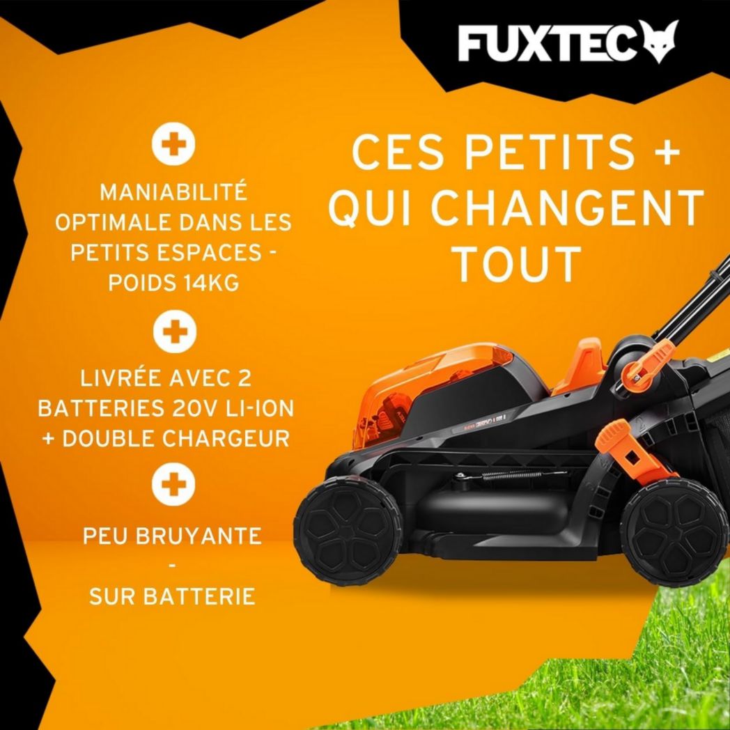 Tondeuse à gazon poussée FUXTEC FX-E1RM20 40 V (2 x 20 V) – Kit avec 2 batteries 2 Ah et chargeur double 2,4 A