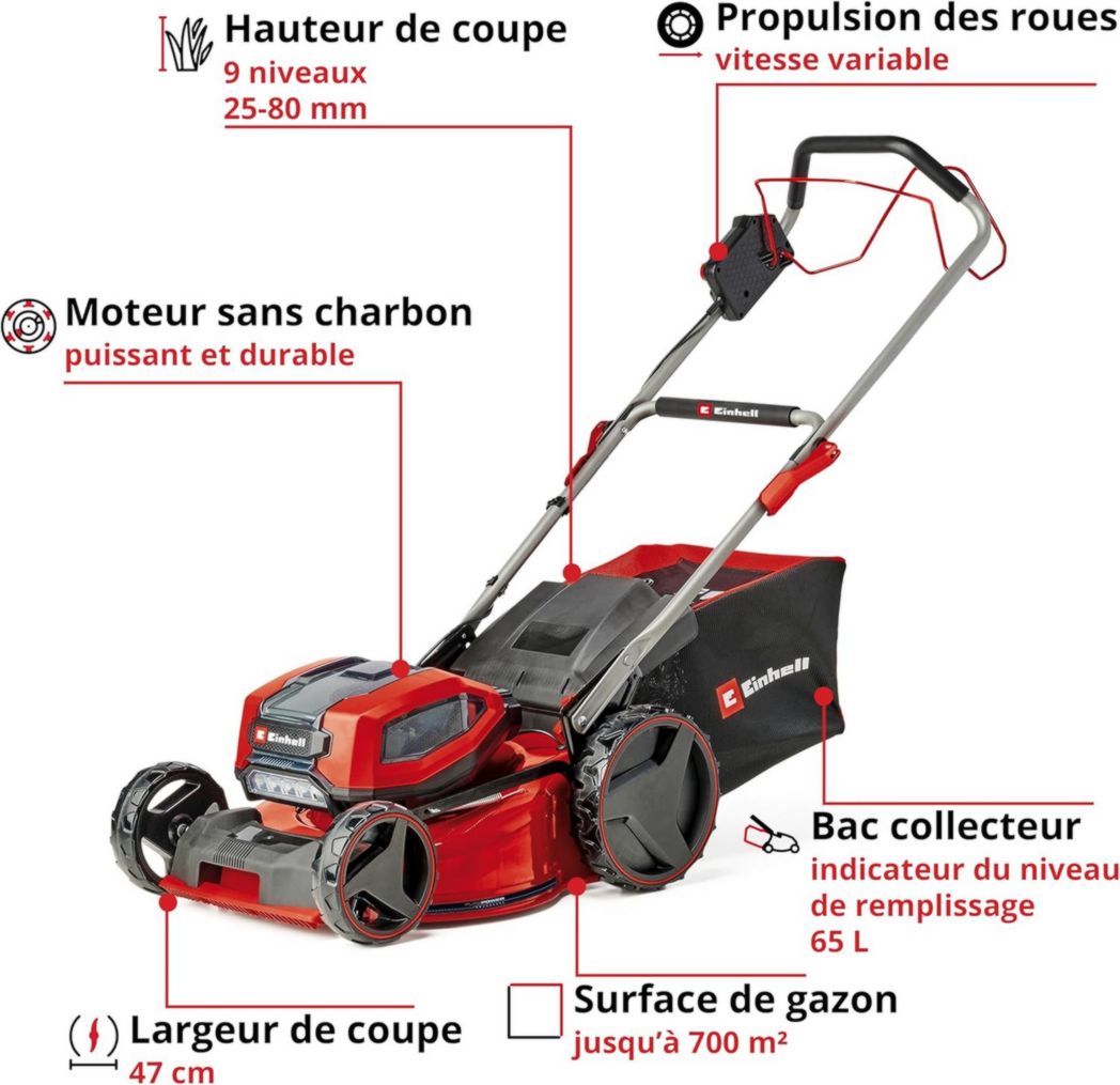 Tondeuse à gazon professionnelle sans fil Einhell GP-CM 36/47 S HW Li Power X-Change (36 V, largeur de coupe 47 cm, autotractée, moteur sans balais) Livrée avec 4 batteries 4,0 Ah et 2 chargeurs doubles