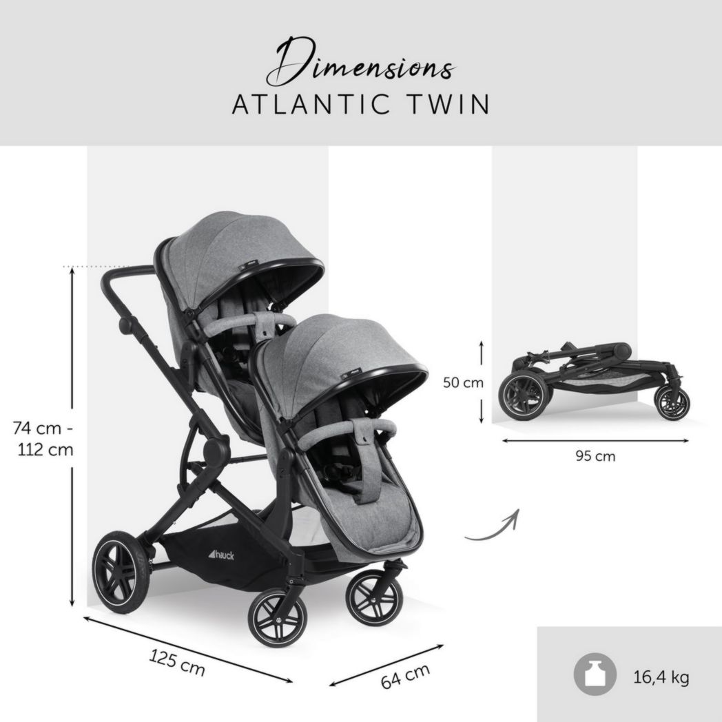 Poussette double Hauck Atlantic Twin - Tandem pour 2 enfants avec nacelles et sièges 2 en 1 - Gris chiné