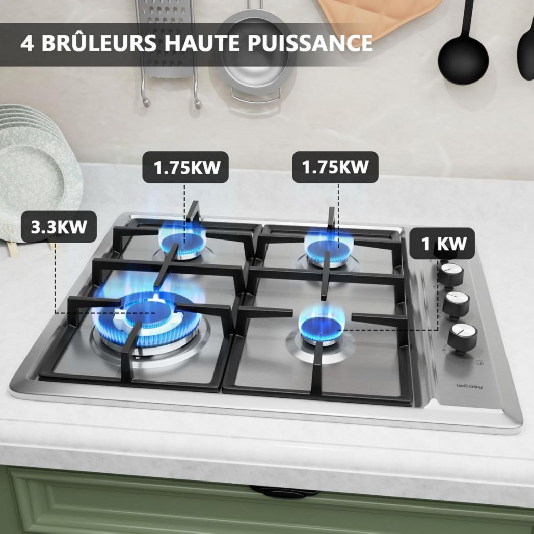 Plaque de cuisson à gaz 4 feux, plaque de cuisson 60 cm - Cuisinière encastrable - Gaz de ville et gaz en bouteille (4 feux - Verre)