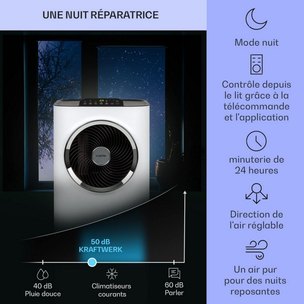 Climatiseur portable silencieux Klarstein, climatiseur portable 5 en 1, mini climatiseur, purificateur et éliminateur d'odeurs, mode nuit, déshumidificateur d'air, faible consommation, 10 000 BTU, climatiseurs