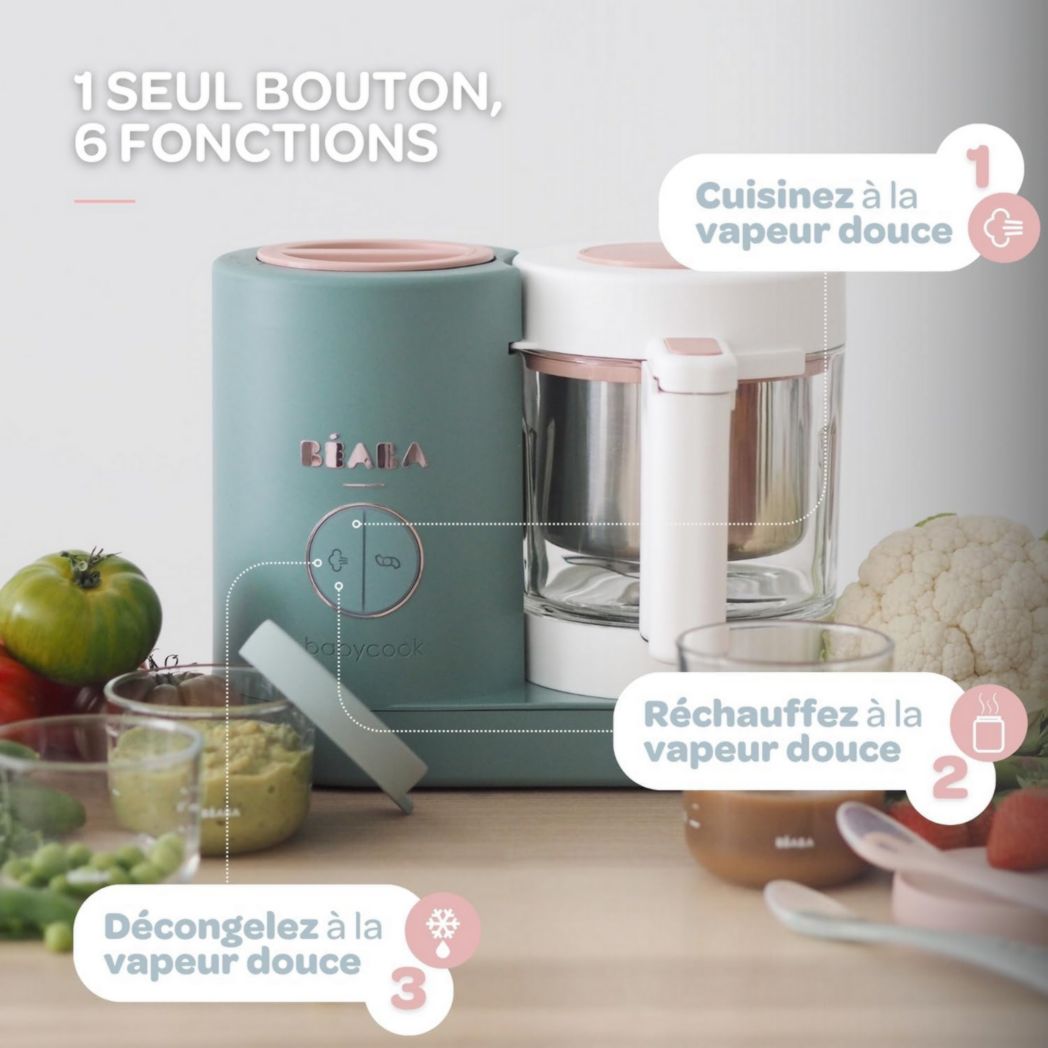 BÉABA, Babycook Néo, Mixeur et Cuiseur Vapeur 6 en 1, Robot Cuiseur Bébé Fabriqué en France, Bol en Verre, Cuve en Inox, Grande Capacité, Diversification des Aliments, Petits Pots Bébé Maison, Rapide, Eucalyptus