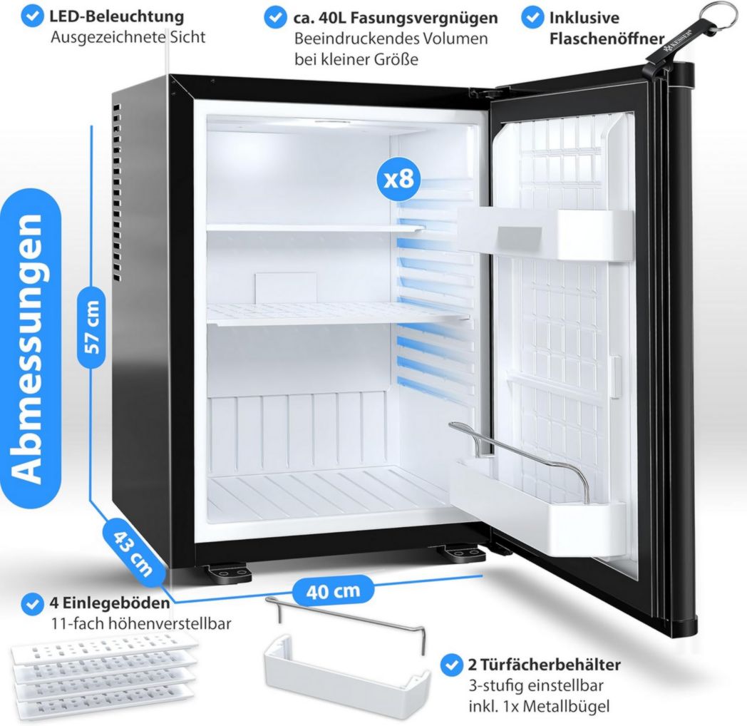 Mini-réfrigérateur KESSER® avec serrure, mini-bar 40 l, silencieux, 22 dB, verrouillable, chambre, butée de porte amovible, environ 4 à 16 °C, hauteur 57 cm, éclairage intérieur