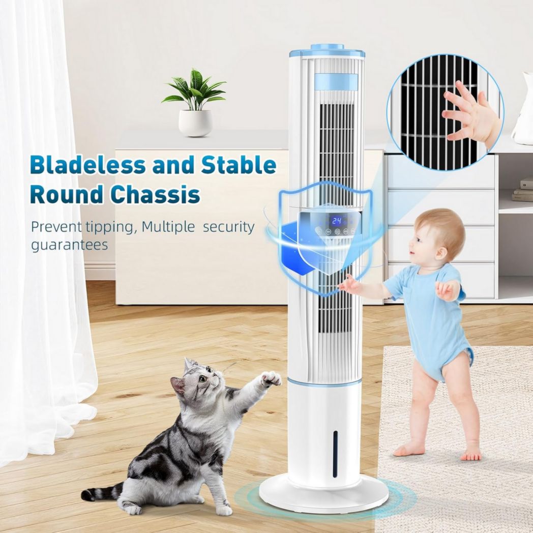 Climatiseur portable silencieux avec humidificateur, ventilateur, 2 sorties d'air, oscillation à 360°, 65 W, minuterie 24 h, 3 vitesses, 4 modes, télécommande pour chambre ou bureau