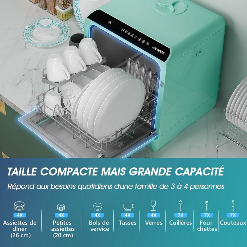 Mini lave-vaisselle de comptoir AIRMSEN, 5+1 programmes, réservoir d'eau de 5 L, commandes tactiles et écran LED, convient aux cuisines familiales, appartements et dortoirs, blanc et noir