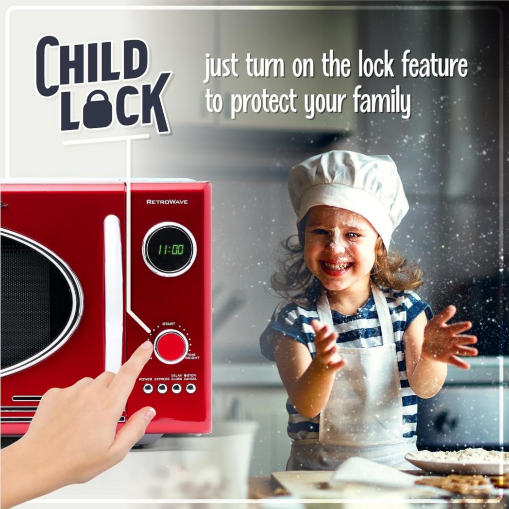 Four à micro-ondes rétro de comptoir Nostalgia - Grand format 800 watts - 25,4 L - 12 réglages de cuisson préréglés - Horloge numérique - Appareils de cuisine - Rouge
