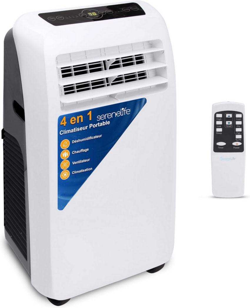Climatiseur portatif silencieux SereneLife, 9 000 BTU, 3 en 1, avec déshumidificateur intégré, mode ventilateur, télécommande, kit d'extraction complet pour fenêtre, blanc