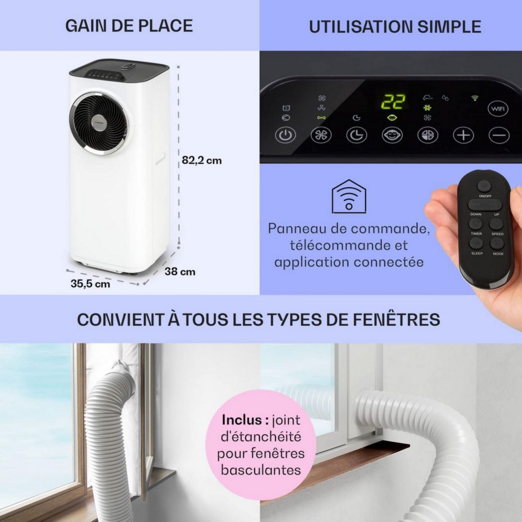 Climatiseur portable silencieux Klarstein, climatiseur portable 5 en 1, mini climatiseur, purificateur et éliminateur d'odeurs, mode nuit, déshumidificateur d'air, faible consommation, 10 000 BTU, climatiseurs