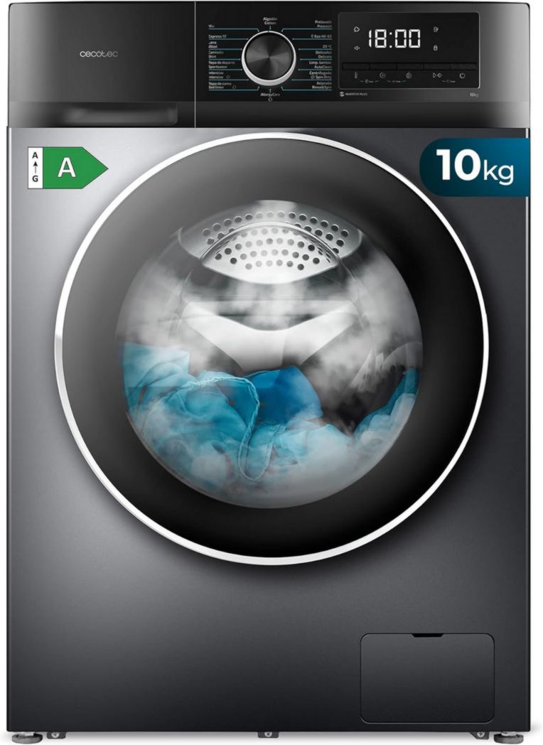 Cecotec Bolero Dresscode 10500 Inverter Steel A. Lave-linge 10 kg Acier, 1400 tr/min, moteur Inverter Plus, Vapeur, Classe A.