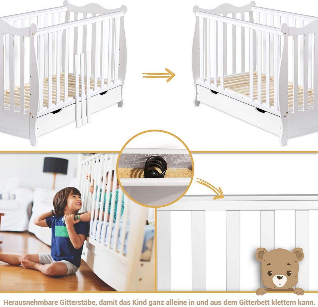 Lit bébé moto-MOLTICO 60x120 cm avec tiroir – Lit en bois réglable en hauteur, transformable en lit enfant avec barrières de sécurité – Lit bébé pour filles et garçons