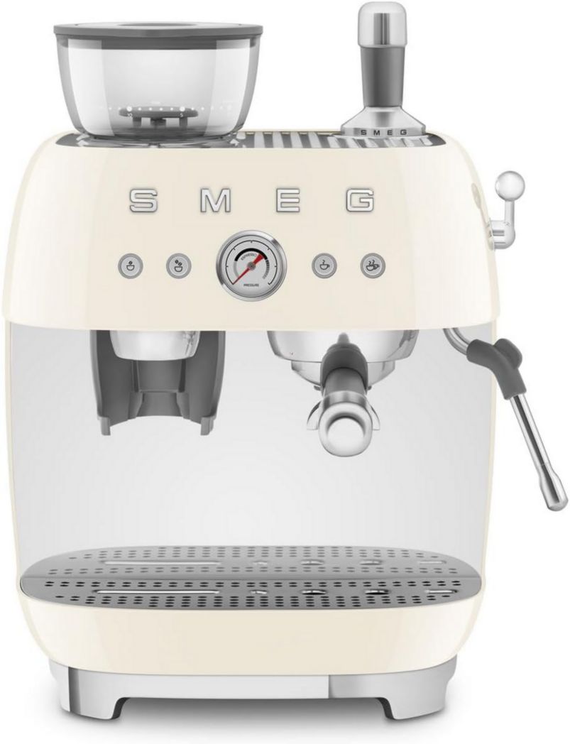 Machine à expresso manuelle Smeg EGF03CREU, avec moulin à grains intégré, thermoblock, 4 niveaux de température, buse vapeur et manomètre, réservoir 1 L, dimensions compactes, 1350 W, couleur crème