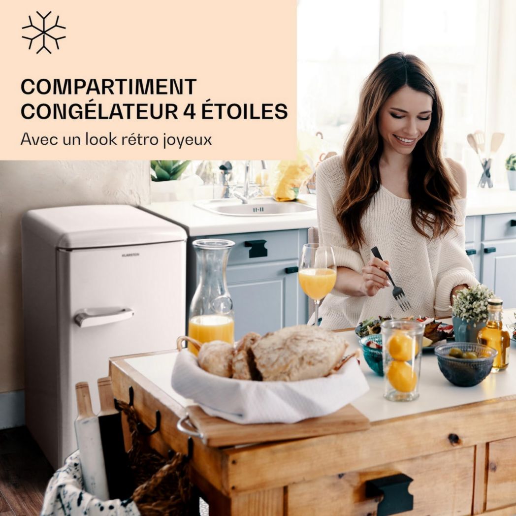 KLARSTEIN Laika - Congélateur, volume total 60 litres, thermostat 5 niveaux, 0 à -18°C, 3 clayettes, pose libre, design rétro - rouge