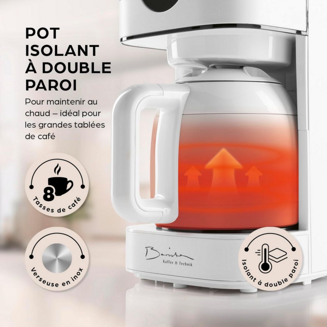 Cafetière filtre Barista avec verseuse isotherme de 1 L pour 12 tasses de café, machine à café à grains avec moulin et affichage numérique, fonction minuterie