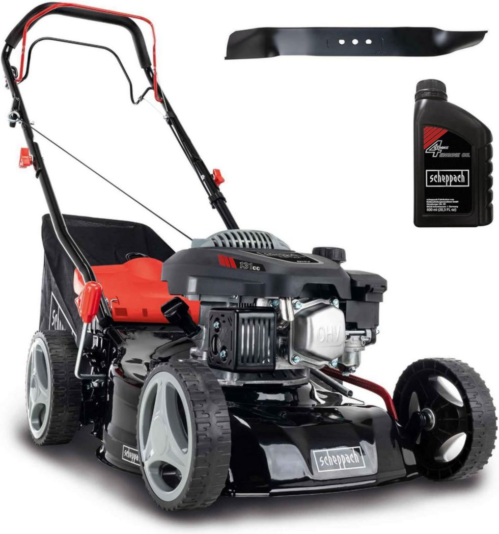 Tondeuse à gazon thermique Scheppach MS132-42 | 3,4 CV | Largeur de coupe de 42 cm | Robuste | Fonction mulching | Panier de 45 L | Réglage de la hauteur sur 7 niveaux (25-75 mm)