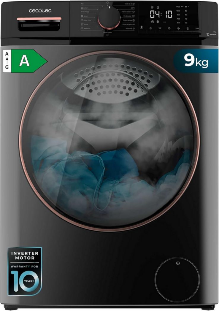 Lave-linge Cecotec 8 kg Bolero DressCode 8610 Inverter Steel A. Chargement frontal, 1400 tr/min, SteamMax, moteur Inverter Plus, 15 programmes, OnSmart, Stop&Go, DrumClean, revêtement antibactérien