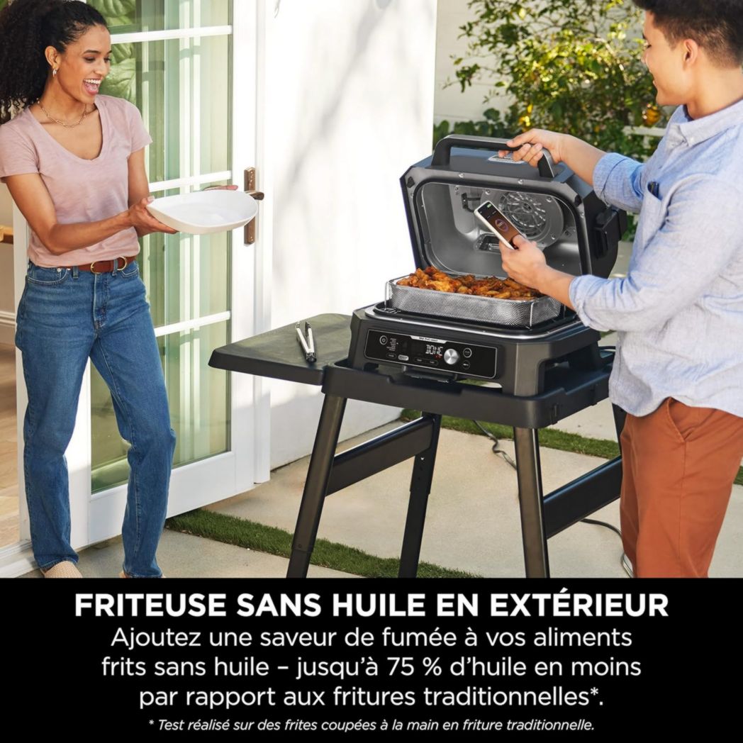 Barbecue et fumoir électrique Ninja Woodfire Pro XL avec thermomètre, barbecue d'extérieur 4 en 1 et friteuse à air avec système de cuisson intelligent et granulés de bois, portable, gris/noir, OG850EU