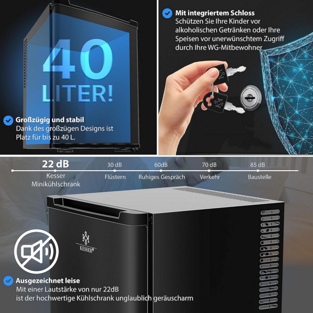 Mini-réfrigérateur KESSER® avec serrure, mini-bar 40 l, silencieux, 22 dB, verrouillable, chambre, butée de porte amovible, environ 4 à 16 °C, hauteur 57 cm, éclairage intérieur