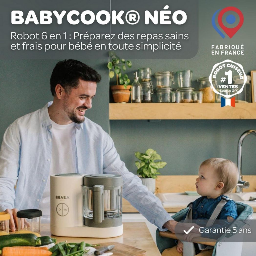 BÉABA, Babycook Néo, Mixeur et Cuiseur Vapeur 6 en 1, Robot Cuiseur Bébé Fabriqué en France, Bol en Verre, Cuve en Inox, Grande Capacité, Diversification des Aliments, Petits Pots Bébé Maison, Rapide, Eucalyptus