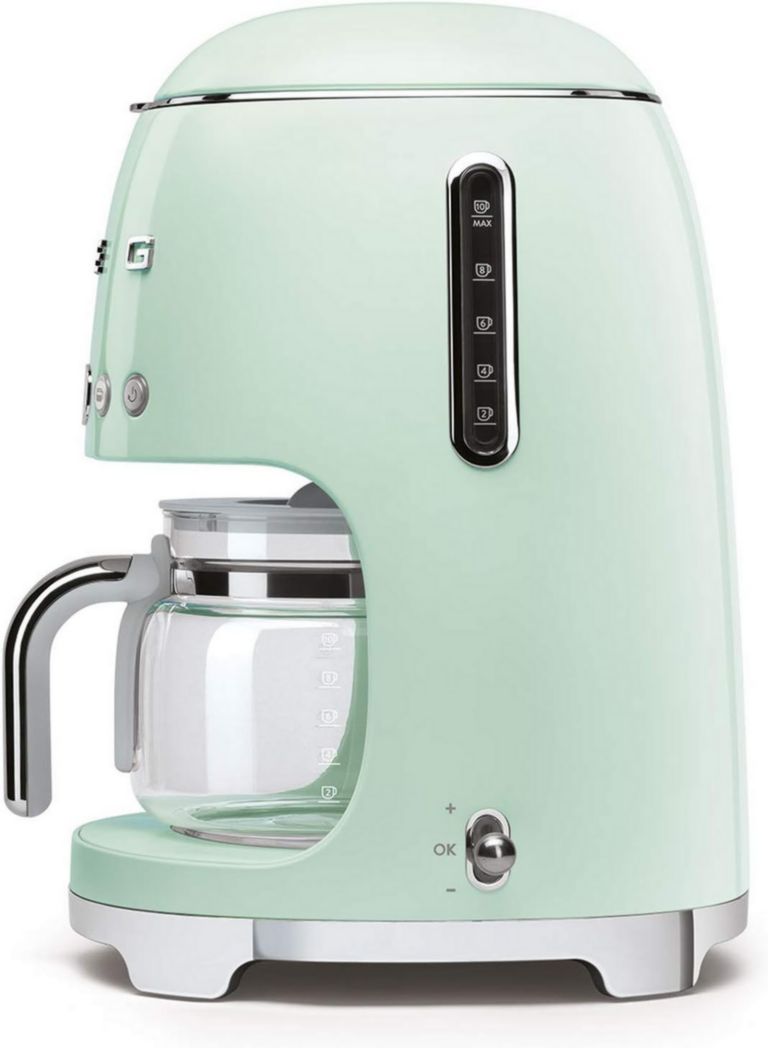 Smeg, DCF02PBEU, cafetière filtre, arôme et démarrage automatique, verseuse en verre jusqu'à 12 tasses, 2 niveaux d'intensité, maintien au chaud, 1050 W, bleu clair pastel