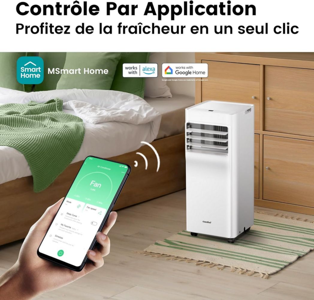 Climatiseur portable COMFEE' 9000 BTU/h 2,6 kW, 3 en 1, refroidisseur, déshumidificateur, ventilateur, fonction Follow me, minuterie, mode nuit, pour salon et maison de 33 m³/88 m³, MPPH-09CRN7, R290