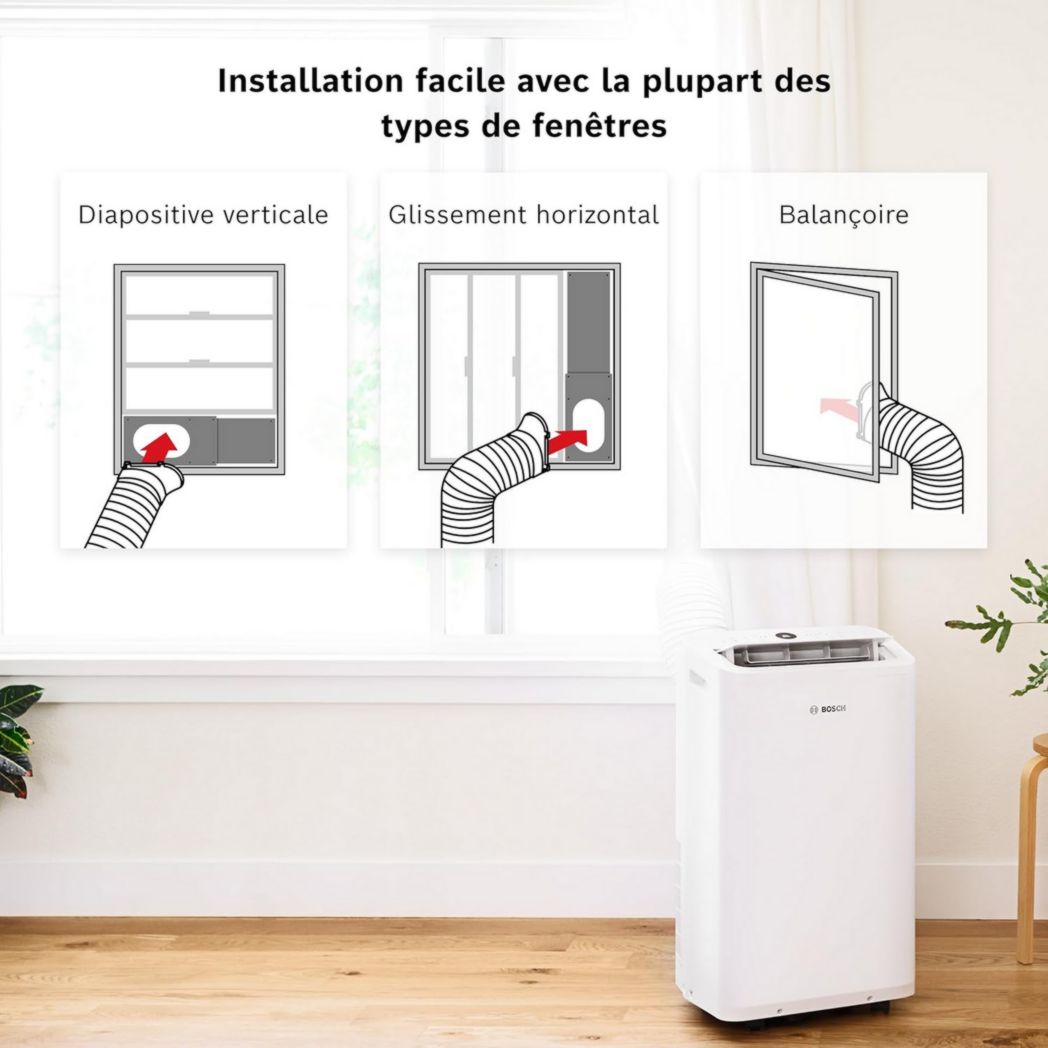 Climatiseur portable Bosch Cool 2000 - 3 en 1 : climatiseur, déshumidificateur, ventilateur - 2,6 kW PAC pour pièces jusqu'à 35 m² - Avec modes automatique, silencieux et veille