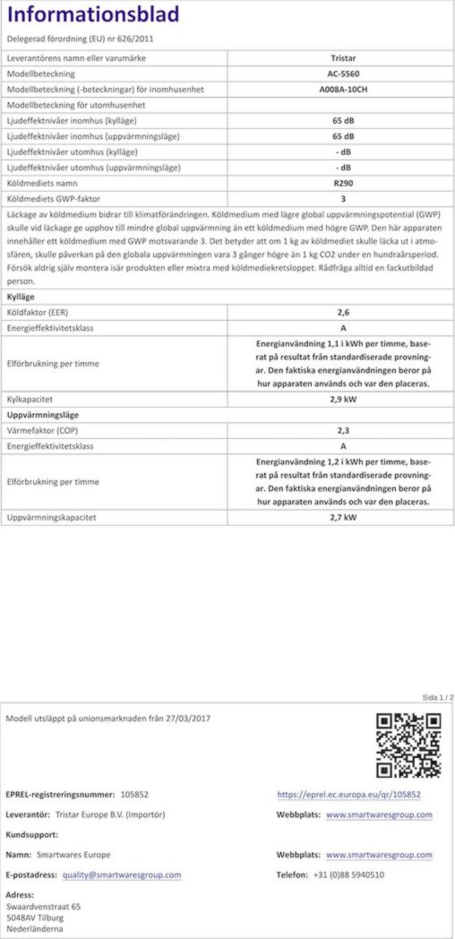 Climatiseur portable Tristar AC-5560, 10 000 BTU et 2,9 kW, fonctions de refroidissement, de déshumidification, de ventilation et de chauffage