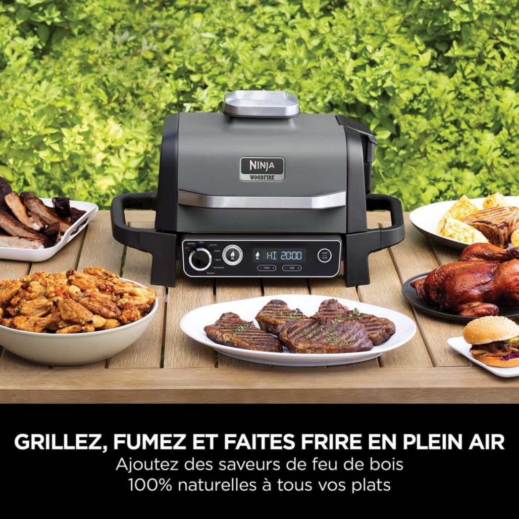 Barbecue et fumoir électrique Ninja Woodfire Pro XL avec thermomètre, barbecue d'extérieur 4 en 1 et friteuse à air avec système de cuisson intelligent et granulés de bois, portable, gris/noir, OG850EU