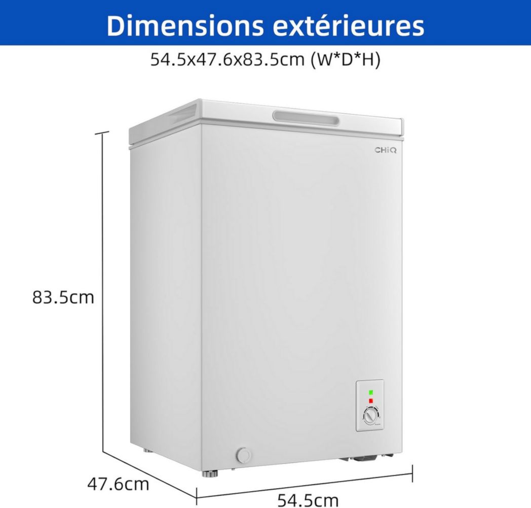 Congélateur coffre CHIQ 142 L, 63,5 x 55,6 x 83,5 cm, congélateur Inverter, affichage de la température extérieure, congélation rapide -32 °C, grille métallique, faible niveau sonore