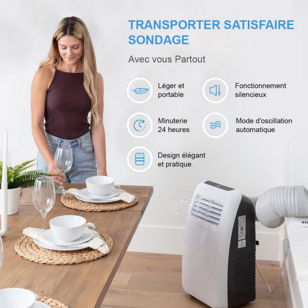 Climatiseur portatif silencieux SereneLife, 9 000 BTU, 3 en 1, avec déshumidificateur intégré, mode ventilateur, télécommande, kit d'extraction complet pour fenêtre, blanc
