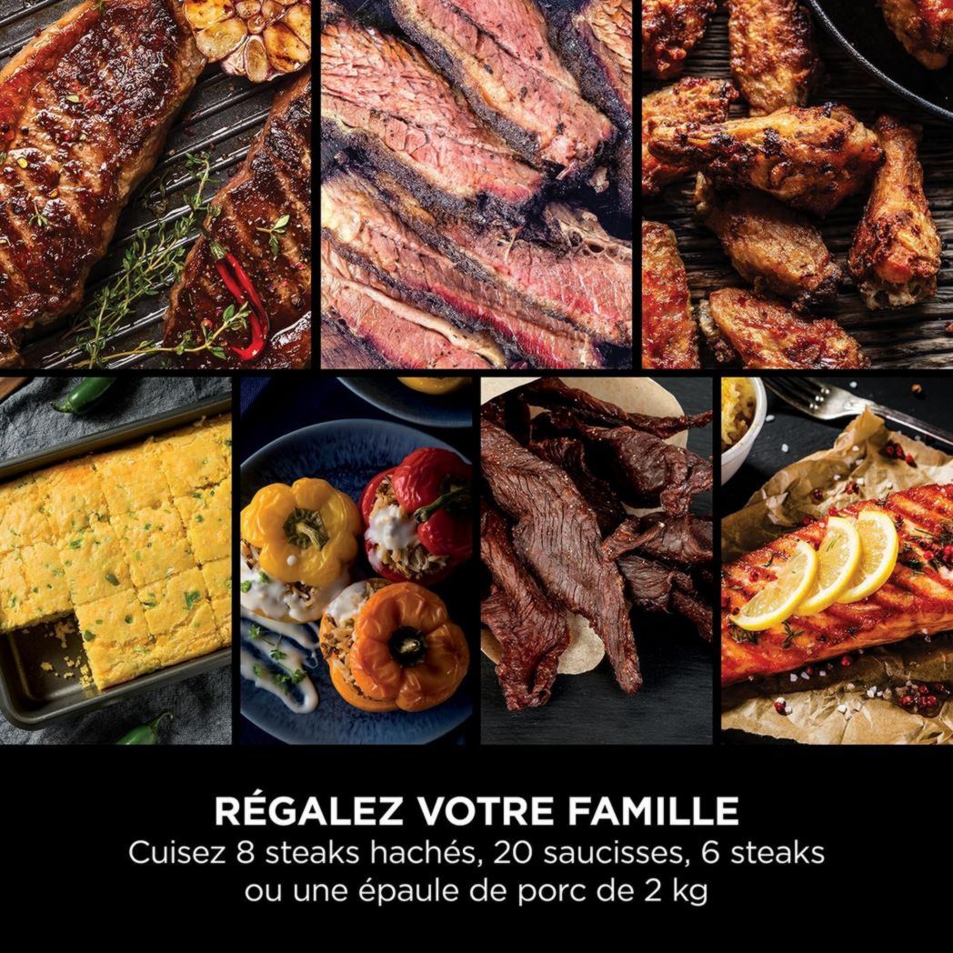 Barbecue et fumoir électrique Ninja Woodfire Pro XL avec thermomètre, barbecue d'extérieur 4 en 1 et friteuse à air avec système de cuisson intelligent et granulés de bois, portable, gris/noir, OG850EU