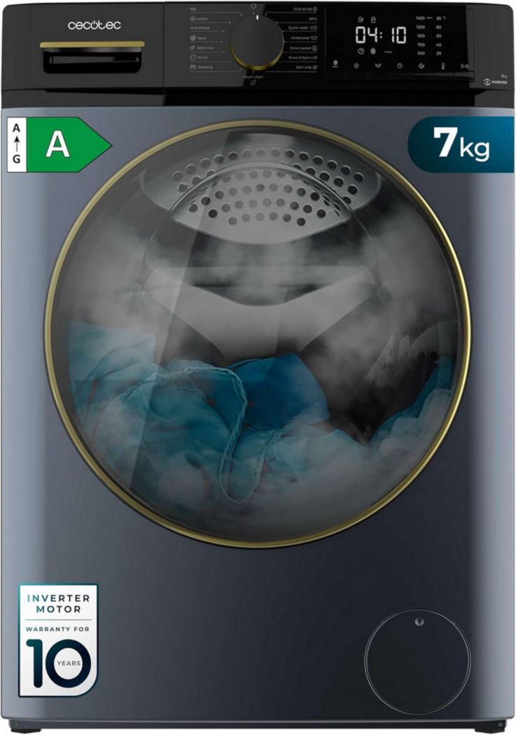 Lave-linge Cecotec 8 kg Bolero DressCode 8610 Inverter Steel A. Chargement frontal, 1400 tr/min, SteamMax, moteur Inverter Plus, 15 programmes, OnSmart, Stop&Go, DrumClean, revêtement antibactérien