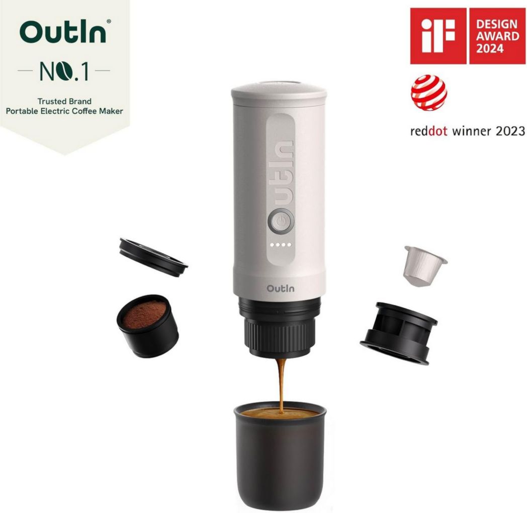 OutIn Nano Mini Machine à expresso portable à piles avec auto-chauffage en 3-4 minutes, petite cafetière de voiture 20 bars 12 V 24 V avec étui de transport, capsules NS (bleu sarcelle)