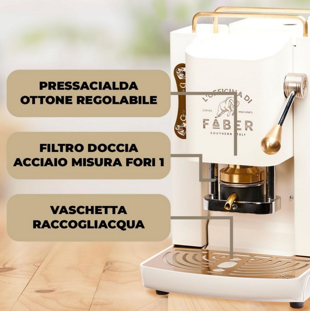 Machines à café Faber | Modèle Pro Total Inox Deluxe | Machine à café à dosettes 44 mm | Pressostat réglable en laiton | Électrovanne standard (laiton)