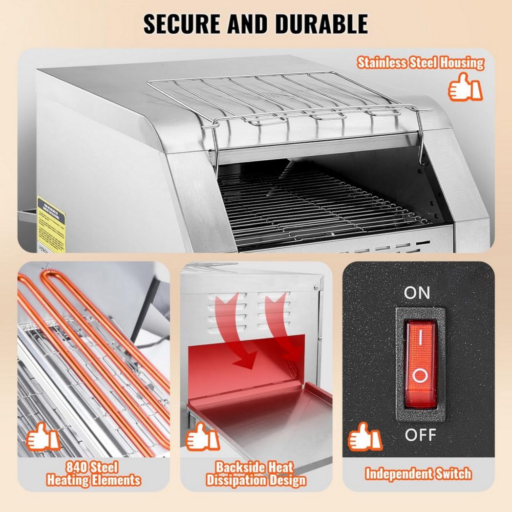 Grille-pain commercial VEVOR 300 tranches par heure en acier inoxydable 2200 W 7 vitesses avec plateau ramasse-miettes pour petits pains, bagels, hamburgers, boulangeries, restaurants, hôtels