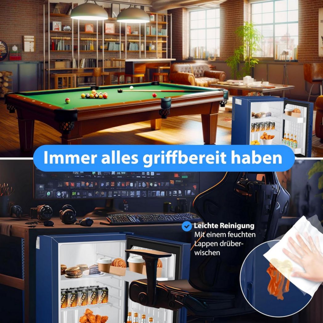 Mini-réfrigérateur KESSER® avec serrure, mini-bar 40 l, silencieux, 22 dB, verrouillable, chambre, butée de porte amovible, environ 4 à 16 °C, hauteur 57 cm, éclairage intérieur