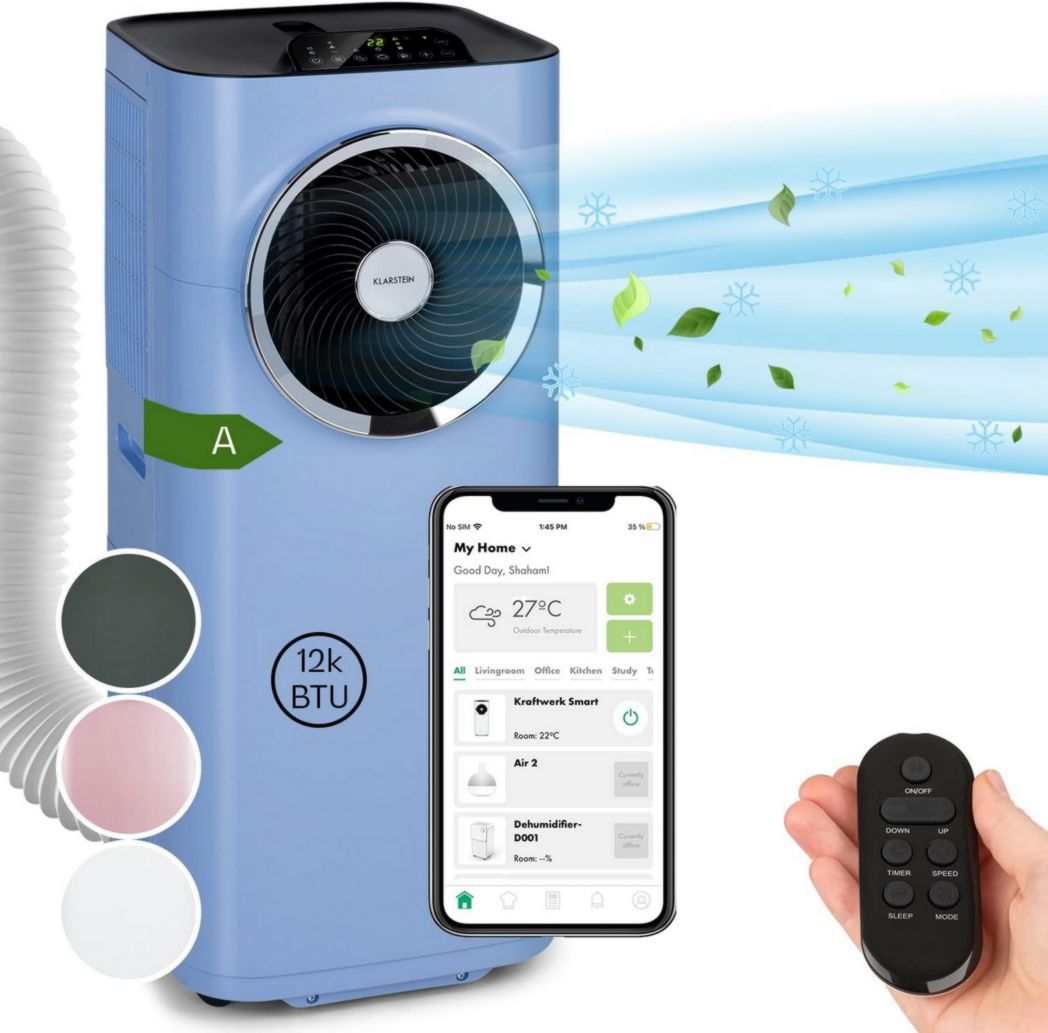 Climatiseur portable silencieux Klarstein, climatiseur portable 5 en 1, mini climatiseur, purificateur et éliminateur d'odeurs, mode nuit, déshumidificateur d'air, faible consommation, 10 000 BTU, climatiseurs